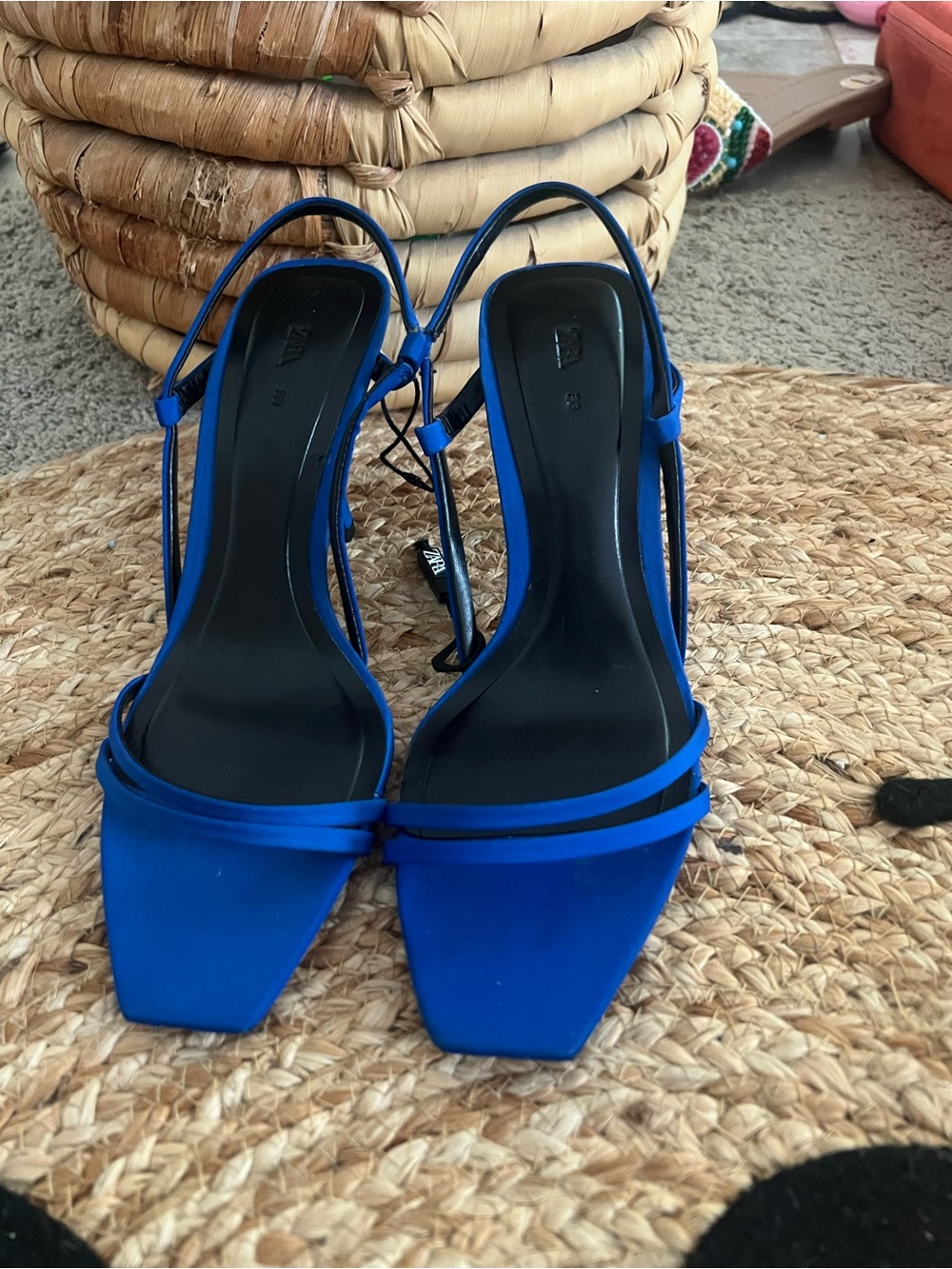 Women’s Zara Cobalt Blue Strappy Square-Toe Slingback Heels NWT size 38 or 7.5